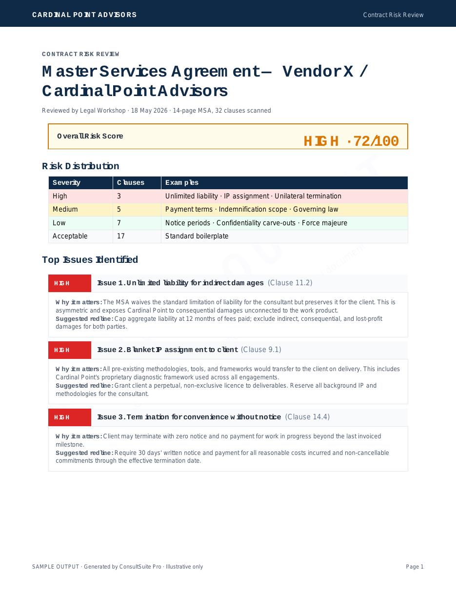 Contract Risk Review sample — first page preview